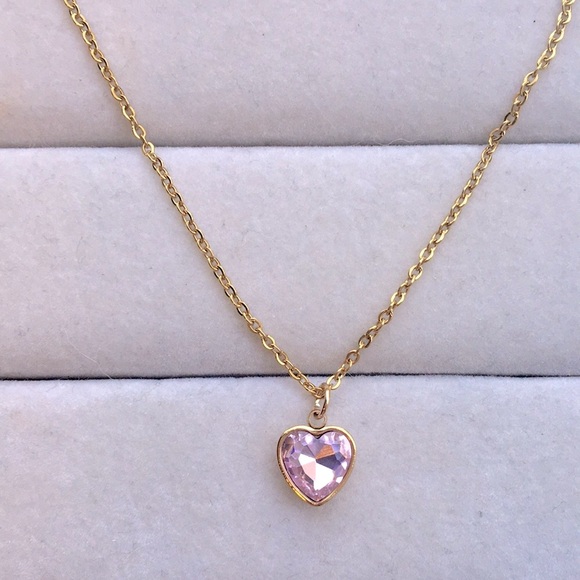 Rose Pink + Gold Crystal Heart Drop Pendant Necklace - Picture 5 of 5